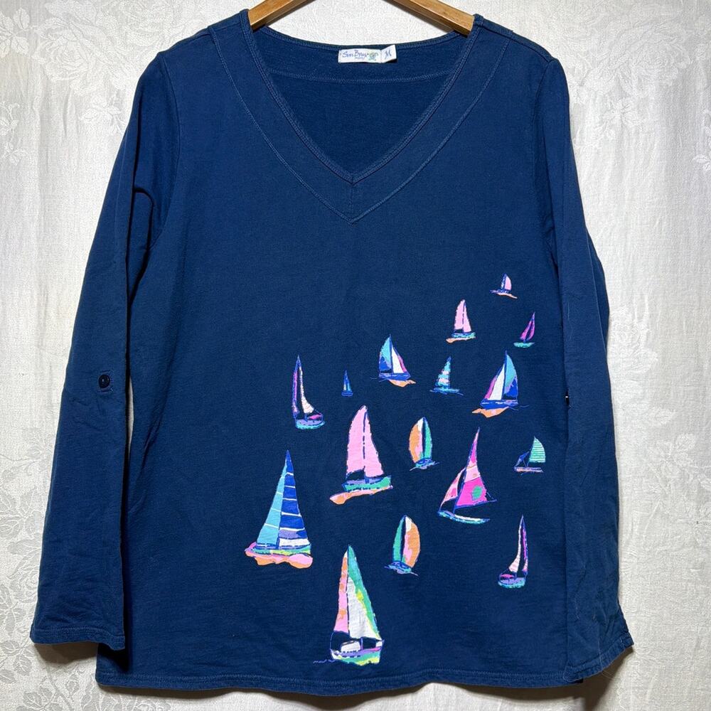 VTG Sun Bay Sweatshirt Medium Navy Blue Sailboats Tunic Roll Tab Sleeve